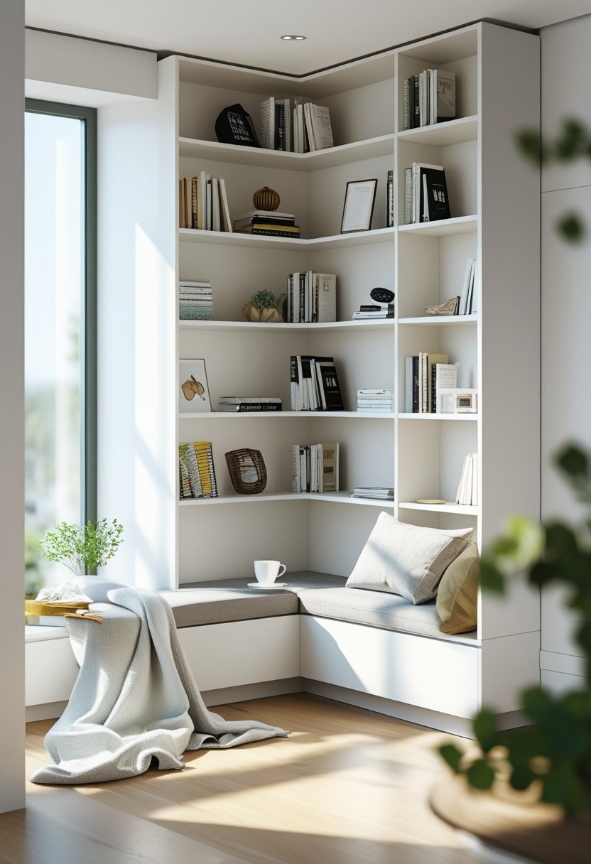 A corner bookshelf with white shelves filled with books and decorations next to a comfortable chair in a bright room.